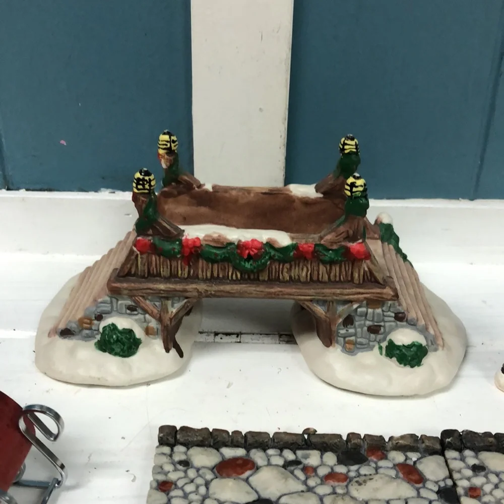 Lot of Christmas village cobblestone road bridge family in slay Lemax father son